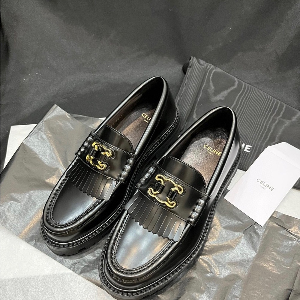 Women's Celine Black Patent Leather Triomphe Fringe Platform Loafers 🥿